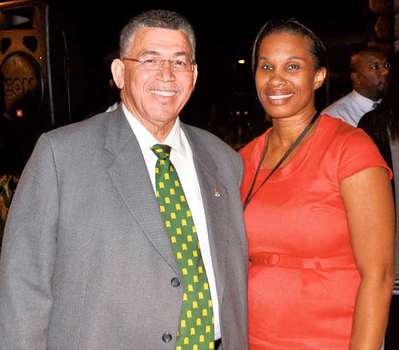 Former Premier of the Cayman Islands McKeeva Bush seen here congratulating Managing Director of GuavaBerry Marketing, Cindy Rosen-Jones at Fashion Solstice launch.