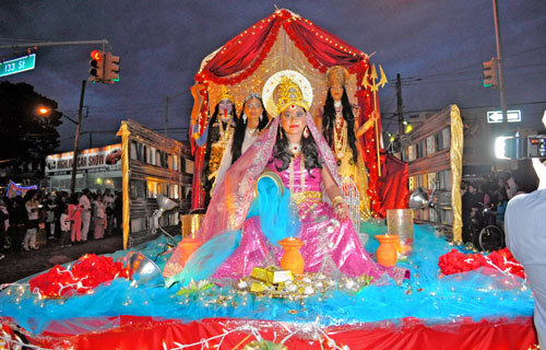 One of the many decorated floats participating in the Diwali celebration in Queens.|