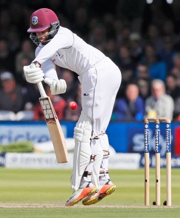 West Indies Shai Hope plays a shot off the bowling of England's Stuart Broad on the third day of the third test match between England and the West Indies at Lord's cricket ground in London, Saturday, Sept. 9, 2017.
