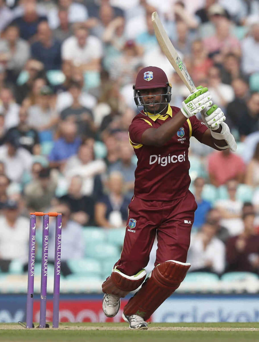 West Indies' Jason Mohammed plays a shot off the bowling of England's Liam Plunkett during the One-Day International cricket match between England and the West Indies at the Oval cricket ground in London, Wednesday, Sept. 27, 2017.