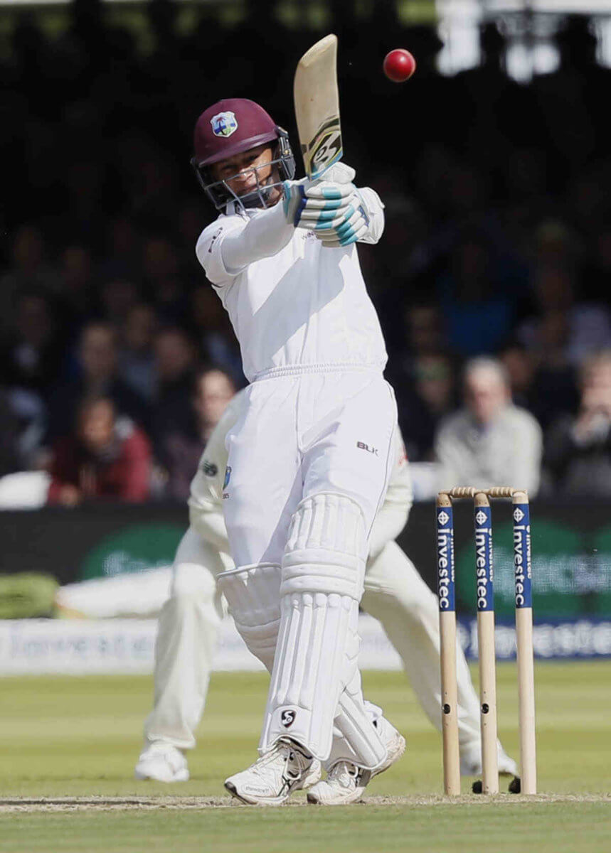 West Indies Shane Dowrich plays a shot off the bowling of England's Toby Roland-Jones on the third day of the third Test match between England and the West Indies at Lord's Cricket Ground in London, Saturday, Sept. 9, 2017.