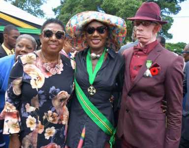 Jamaica's Minister of Culture & Gender & Entertainment and Sports Olivia Grange with actress / singer Grace Jones and reggae icon King Yellowman.