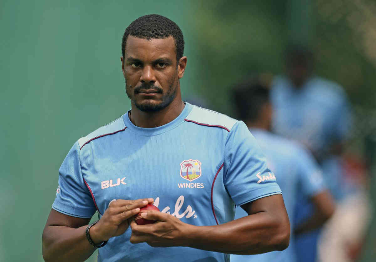 West Indies player Shannon Gabriel bowls during a practice session in India.