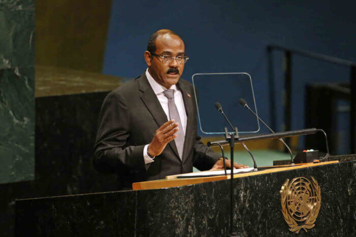 Antigua and Barbuda's Prime Minister, Gaston Alphonso Browne addresses the United Nations General Assembly at U.N. headquarters.