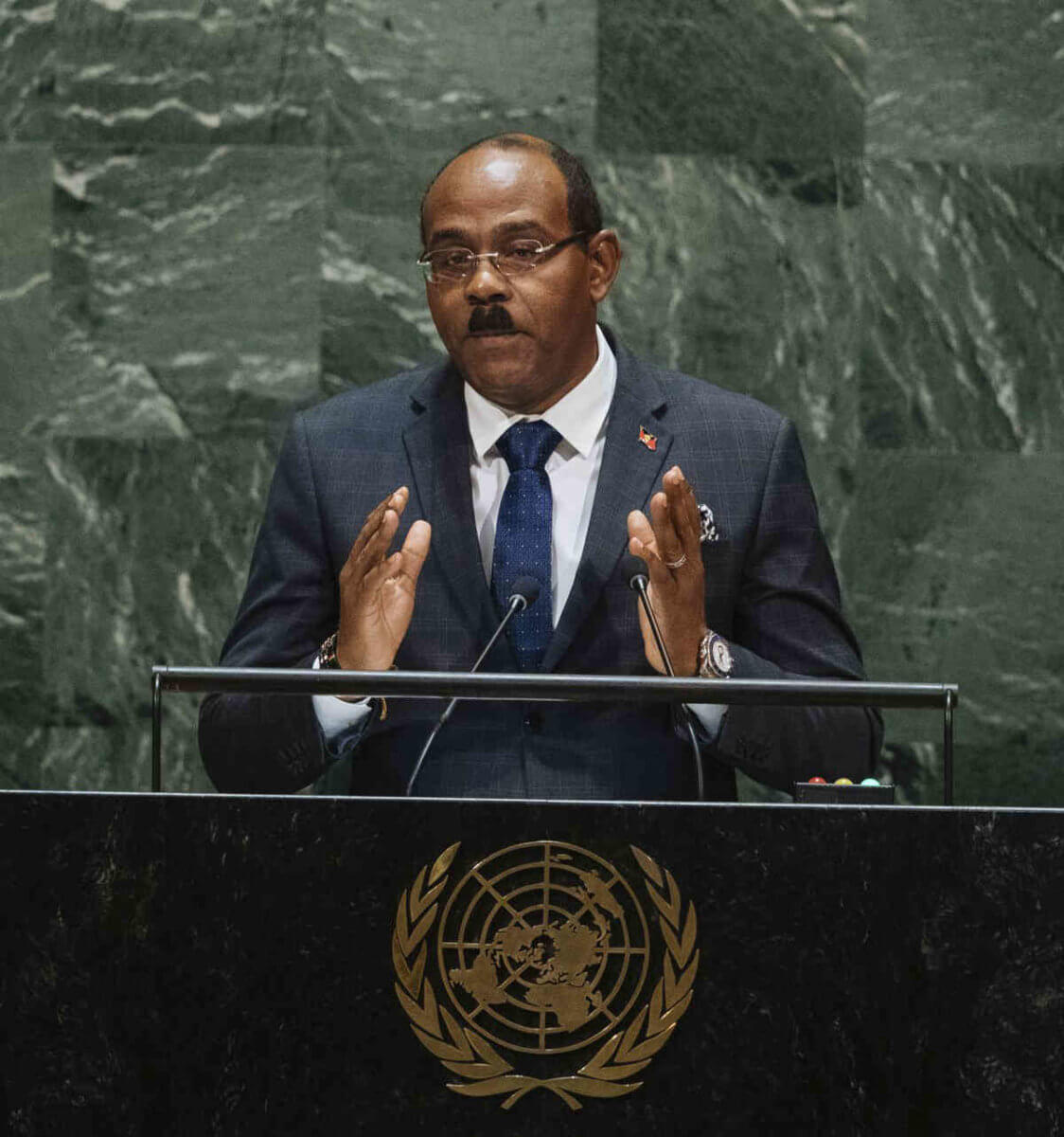 Antigua and Barbuda's Prime Minister, Gaston Alphonso Browne addresses the 74th session of the United Nations General Assembly at the U.N. headquarters Friday, Sept. 27, 2019.