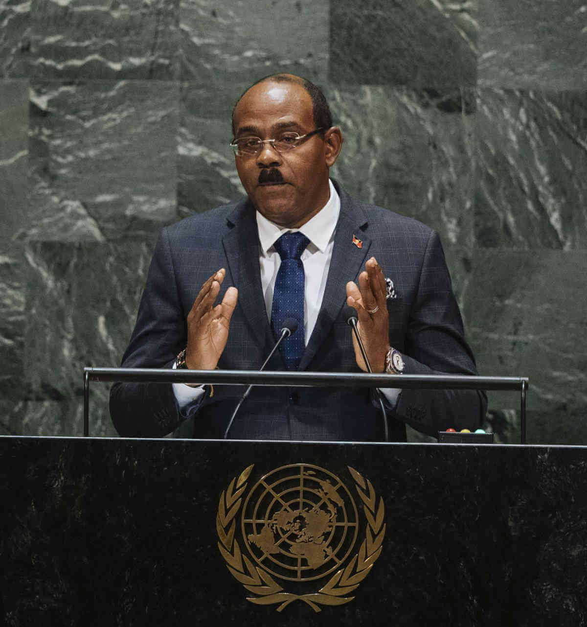 Antigua and Barbuda's Prime Minister, Gaston Alphonso Browne addresses the 74th session of the United Nations General Assembly at the U.N. headquarters Friday, Sept. 27, 2019.