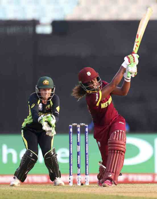 West Indies' Hayley Matthews plays a shot against Australia during the final of the ICC Women's World Twenty20 2016 cricket tournament at Eden Gardens in Kolkata, India.