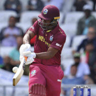 West Indies, Shai Hope bats during the Cricket World Cup match between Afghanistan and West Indies at Headingley in Leeds, England.