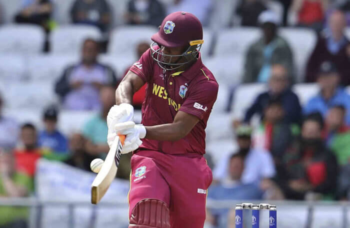 West Indies, Shai Hope bats during the Cricket World Cup match between Afghanistan and West Indies at Headingley in Leeds, England.