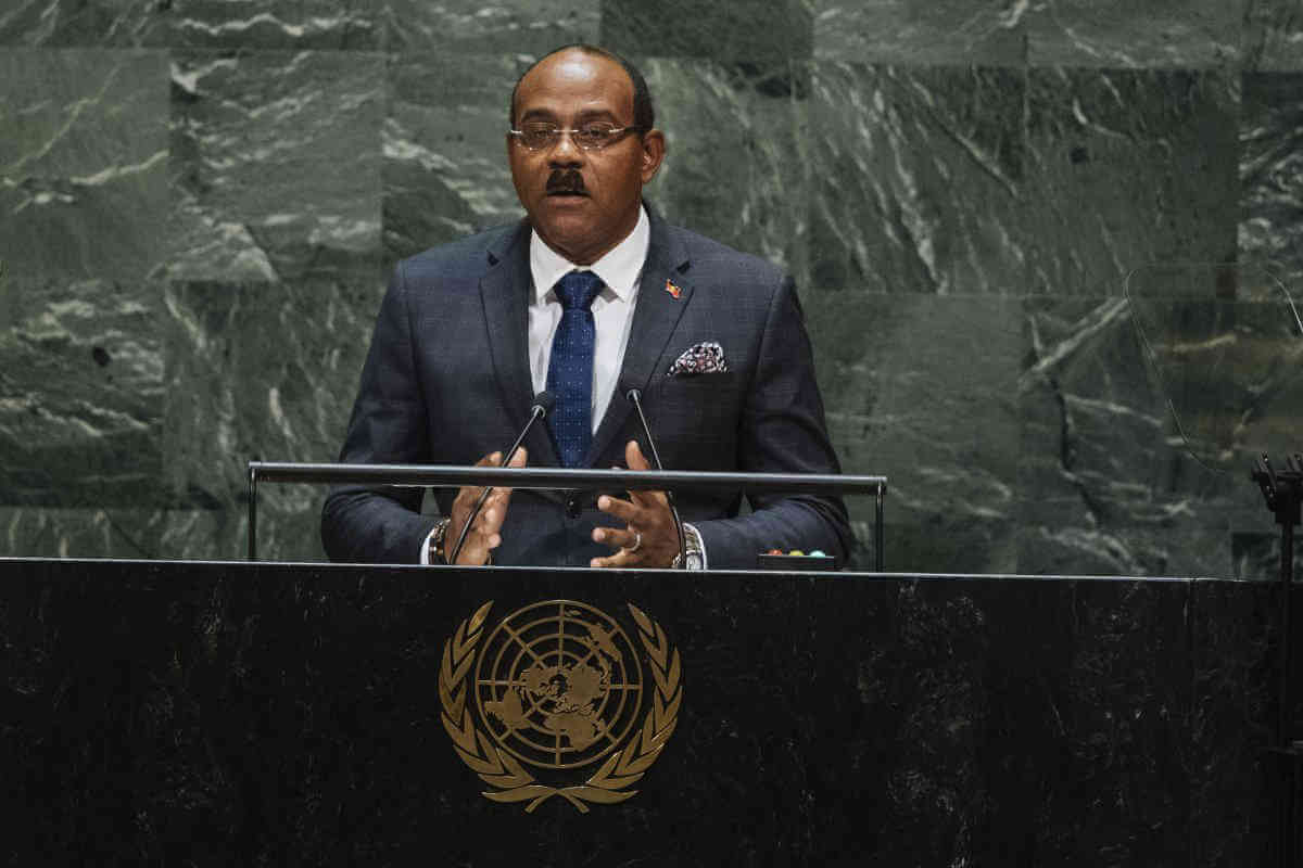 Antigua and Barbuda's Prime Minister Gaston Alphonso Browne addresses the 74th session of the United Nations General Assembly at the U.N. headquarters Friday, Sept. 27, 2019.