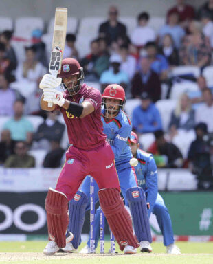West Indies Shai Hope bats during the Cricket World Cup match between Afghanistan and West Indies at Headingley in Leeds, England.