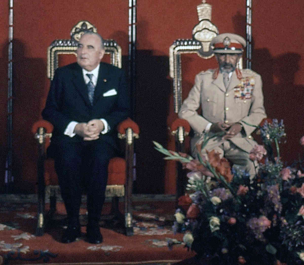 French President Georges Pompidou sitting at left, next to Emperor of Ethiopia, Haile Selassie I during the former's visit to Addis Ababa, Ethiopia on Jan. 17, 1973.