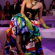 Singer Nicki Minaj presents a creation at the Versace show during Milan Fashion Week Spring 2019 in Milan, Italy, Sept. 21, 2018.