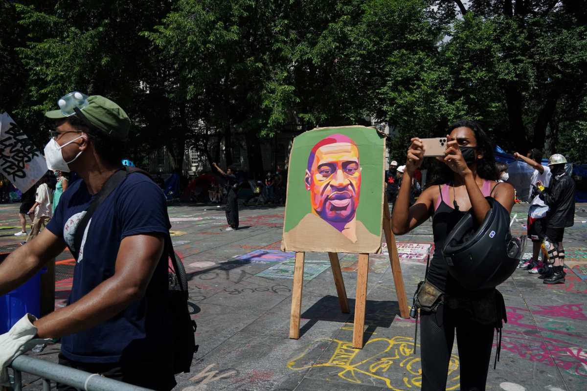 An image of George Floyd is pictured in “City Hall Autonomous Zone” in support of “Black Lives Matter” in the Manhattan Borough of New York City