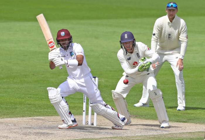 West Indies' Shai Hope in action as England's Jos Buttler looks on during the second Test between England and the West Indies at the Emirates Old Trafford, Manchester, Britain on July 19, 2020. 