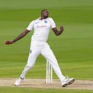 West Indies' Jason Holder in action, as play resumes behind closed doors following the outbreak of the coronavirus disease (COVID-19) during the Second Test between England v West Indies at the Emirates Old Trafford, Manchester, Britain on July 16, 2020.