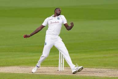 West Indies' Jason Holder in action, as play resumes behind closed doors following the outbreak of the coronavirus disease (COVID-19) during the Second Test between England v West Indies at the Emirates Old Trafford, Manchester, Britain on July 16, 2020.