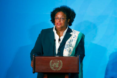 Barbados' Prime Minister Mia Amor Mottley addresses the Climate Action Summit in the United Nations General Assembly, at U.N. headquarters, Monday, Sept. 23, 2019.