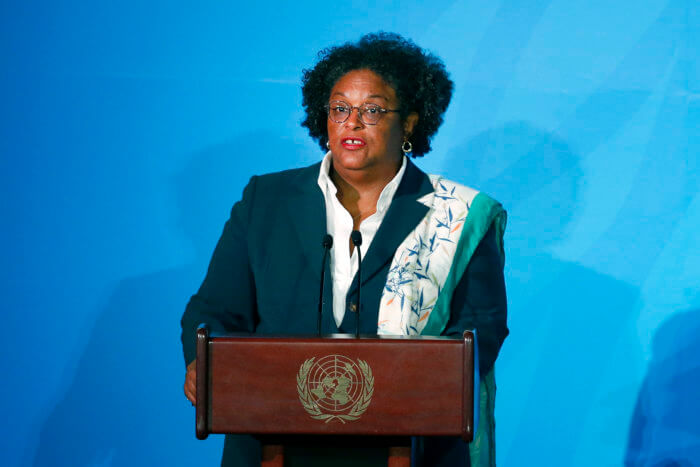 Barbados' Prime Minister Mia Amor Mottley addresses the Climate Action Summit in the United Nations General Assembly, at U.N. headquarters, Monday, Sept. 23, 2019.