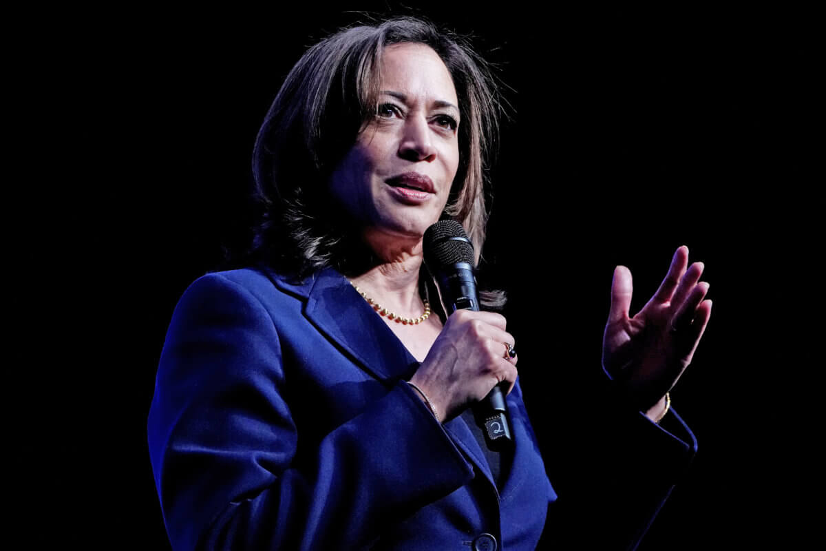 FILE PHOTO: Kamala Harris appears on stage at a First in the West Event at the Bellagio Hotel in Las Vegas
