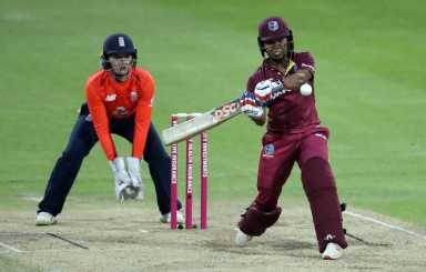 West Indies' Chedean Nation in action with England's Sarah Taylor during the Second Women’s IT20 at the County Ground, Northampton, Britiain on June 21, 2019.