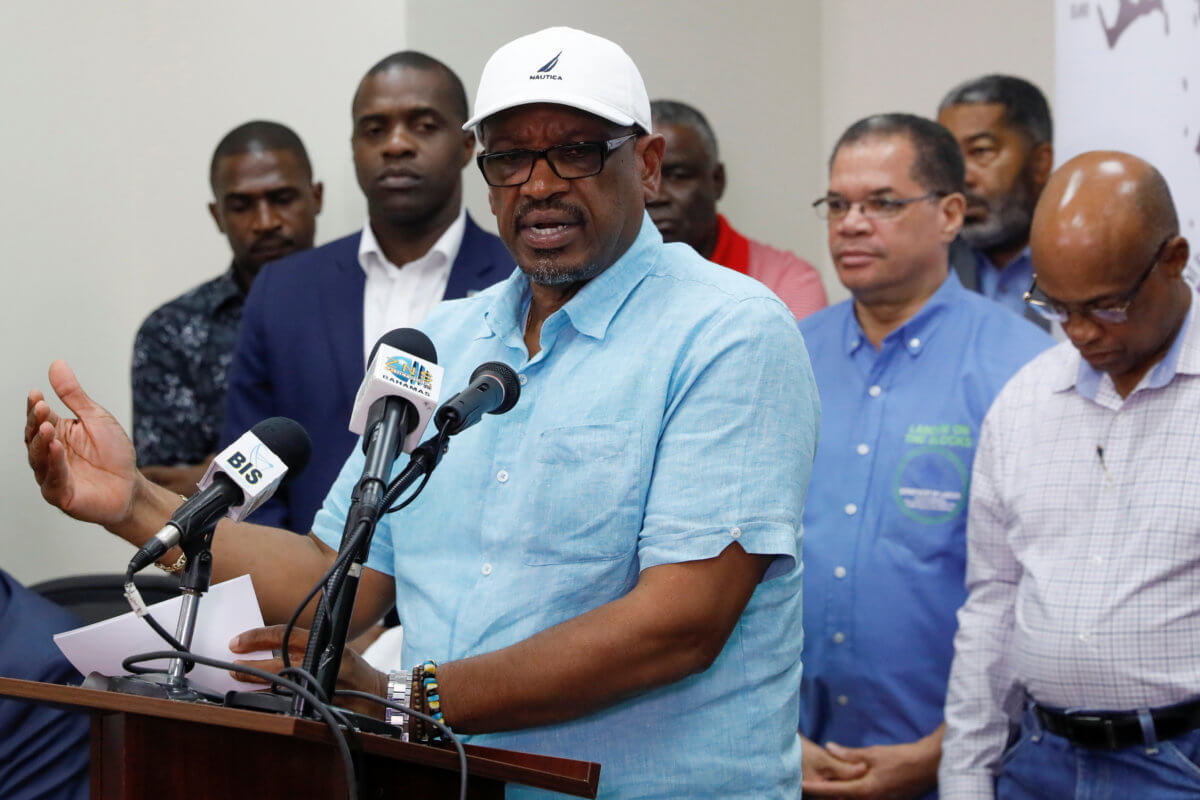 Bahamas PM Minnis talks to the media during a news conference in Nassau