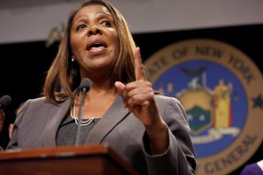 New York State Attorney General Letitia James speaks at a news conference in New York