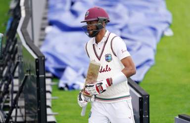West Indies' Roston Chase walks off after losing his wicket during the Second Test against England at the Emirates Old Trafford, Manchester, Britain on July 20, 2020.
