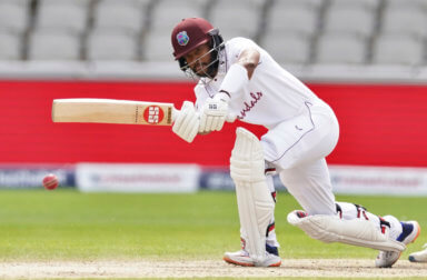 West Indies' Shai Hope bats during the fourth day of the second cricket Test match between England and West Indies at Old Trafford in Manchester, England, Sunday, July 19, 2020.