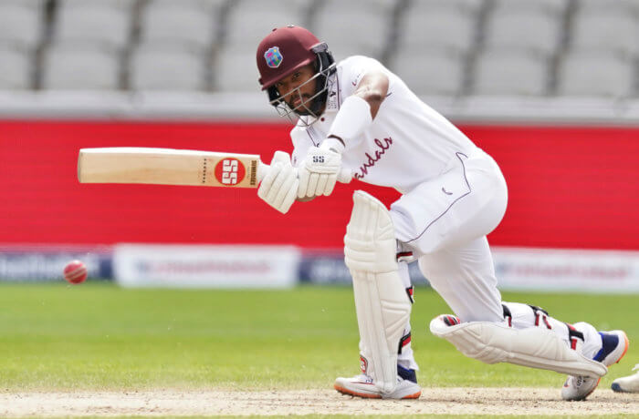 West Indies' Shai Hope bats during the fourth day of the second cricket Test match between England and West Indies at Old Trafford in Manchester, England, Sunday, July 19, 2020. 