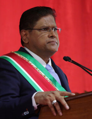 Suriname’s new President Chan Santokhi addresses the audience after receiving the presidential sash, in Paramaribo