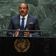 Antigua and Barbuda's Prime Minister Gaston Alphonso Browne addresses the 74th session of the United Nations General Assembly at the U.N. headquarters Friday, Sept. 27, 2019.