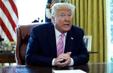 President Donald Trump participates in Easter blessing in the Oval Office of the White House in Washington