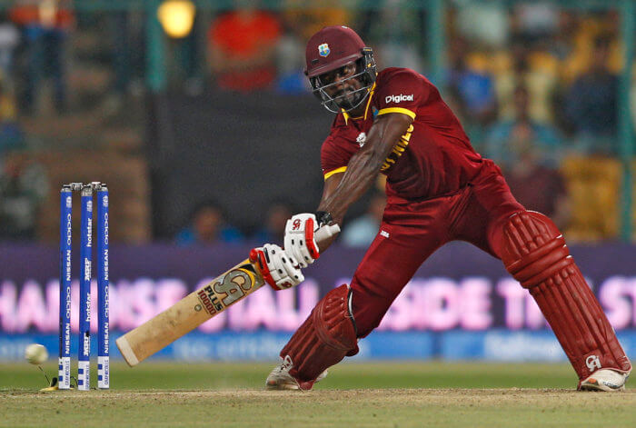 West Indies' Andre Fletcher plays a shot during their ICC World Twenty20 2016 cricket match against Sri Lanka in Bangalore, India, Sunday, March 20, 2016.