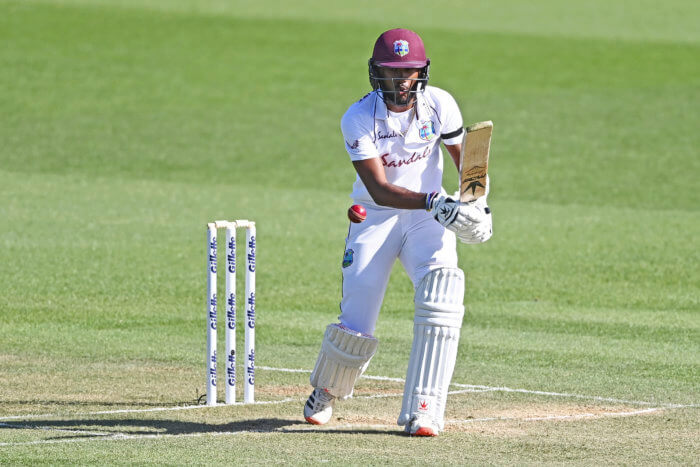 West Indies opener Kraigg Brathwaite bats during play on day two of the first cricket test between the West Indies and New Zealand in Hamilton, New Zealand, Friday, Dec. 4, 2020. 