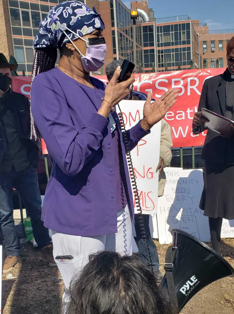 Arlene Meertens, Kingsbrook Nursing staff, addresses the rally.  Julie Keefe