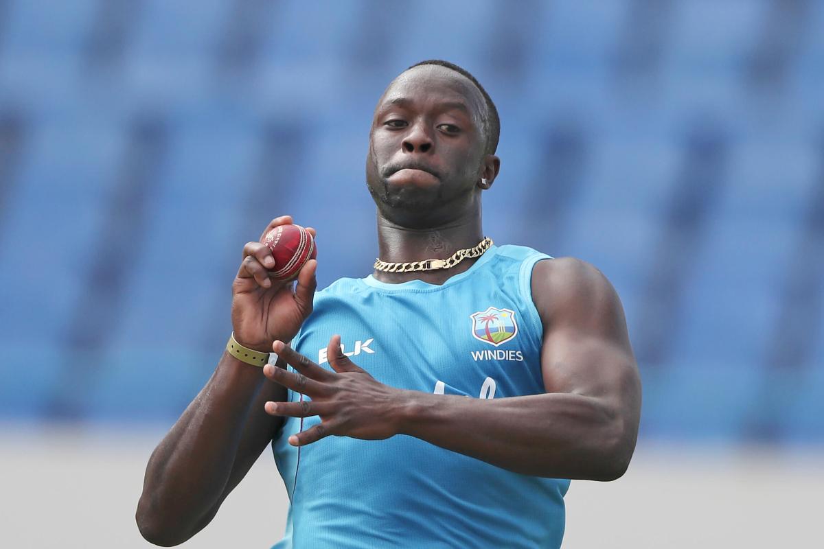 Kemar Roach bowls during a training session of West Indies' cricket team at the Sir Vivian Richards Stadium in North Sound, Antigua and Barbuda, Wednesday, Jan. 30, 2019.