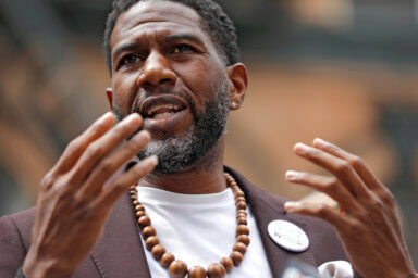 New York City Public Advocate Jumaane Williams peaks at rally against Asian hate in New York
