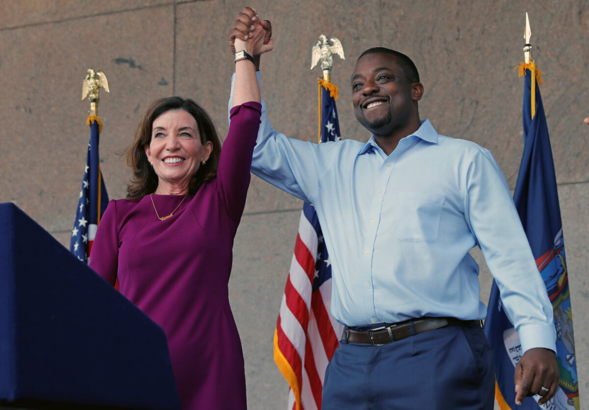 New York Governor Kathy Hocul with her choice for Lieutenant Governor Democratic New York State Senator Brian Benjamin in New York