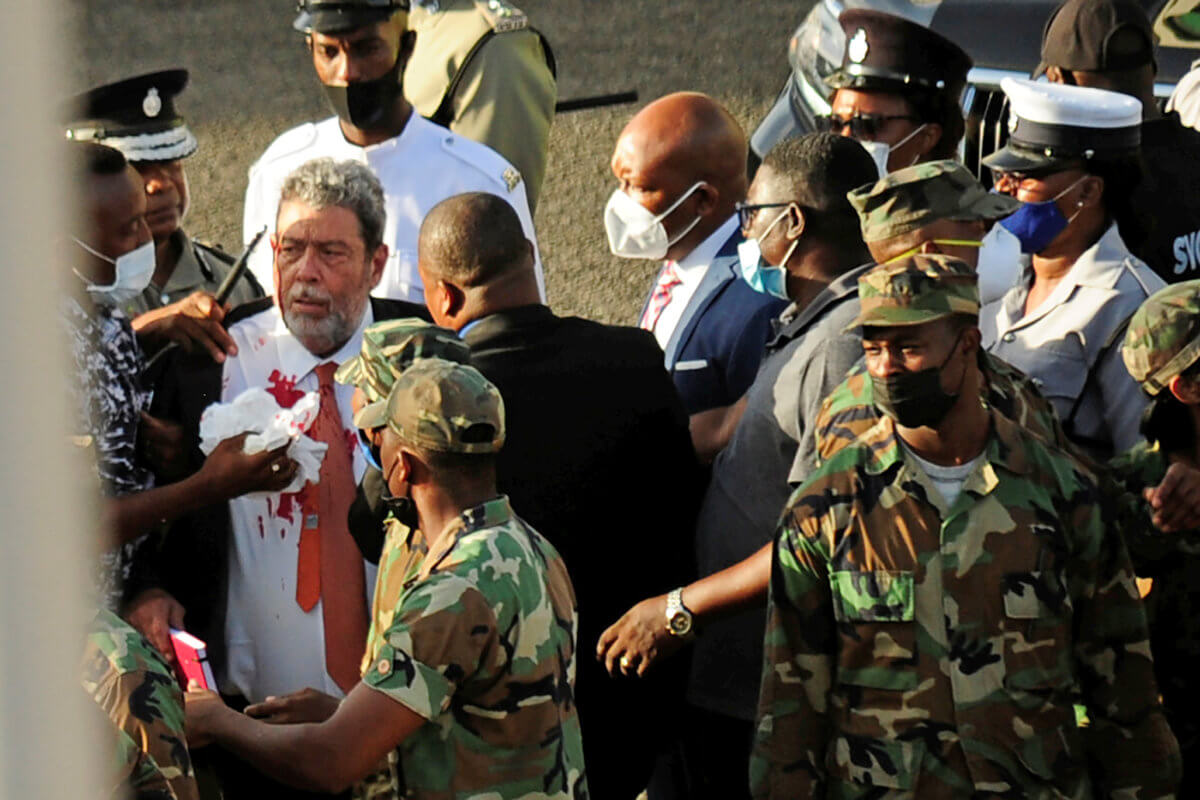 St. Vincent and the Grenadines Prime Minister Ralph Gonsalves is evacuated after an injury in Kingstown