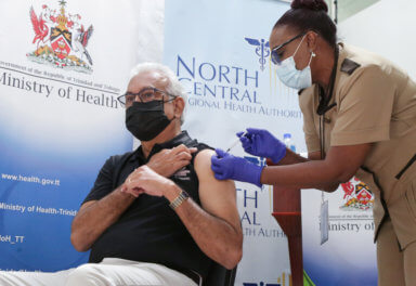 Trinidad and Tobago’s Health Minister Terrence Deyalsingh receives a vaccine against the coronavirus disease (COVID-19), in Champs Fleur