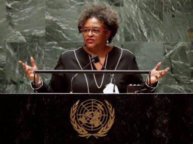Mia Amor Mottley, Prime Minister, Minister for National Security and the Civil Service addresses the 76th Session of the U.N. General Assembly at United Nations headquarters in New York, on Friday, Sept. 24, 2021.