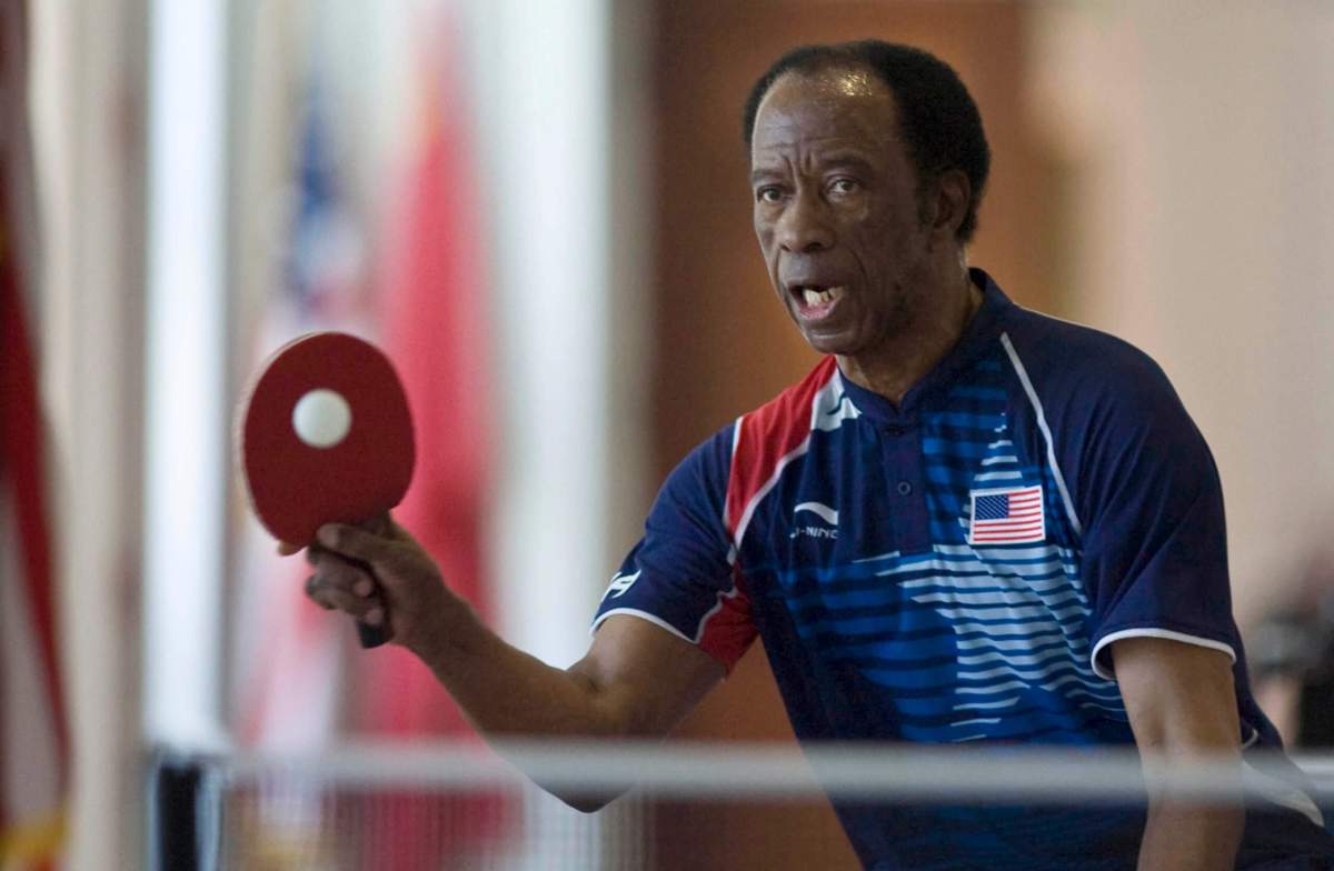 Former U.S. table tennis champion Braithwaite warms up before an exhibition game at the Richard Nixon Presidential Library in Yorba Linda
