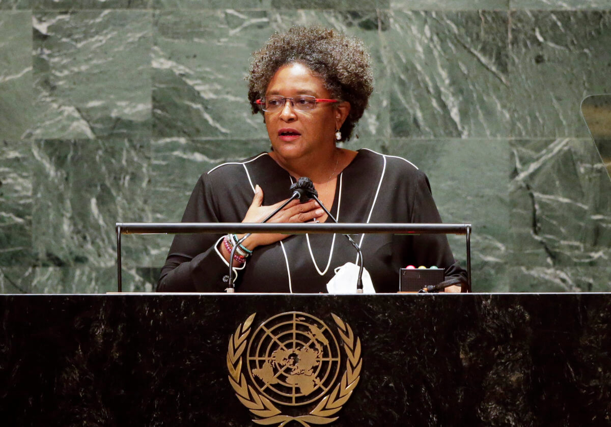 Mia Amor Mottley, Prime Minister, Minister for National Security and the Civil Service addresses the 76th Session of the U.N. General Assembly at United Nations headquarters in New York, on Friday, Sept. 24, 2021.