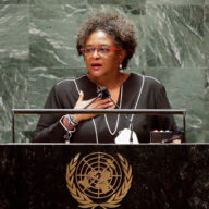 Mia Amor Mottley, Prime Minister, Minister for National Security and the Civil Service addresses the 76th Session of the U.N. General Assembly at United Nations headquarters in New York, on Friday, Sept. 24, 2021.