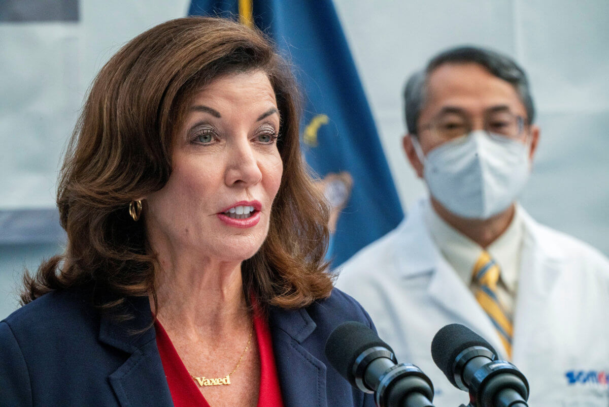 New York State Governor Kathy Hochul holds a news conference about the mandate of the coronavirus disease (COVID-19) vaccination for healthcare workers in New York