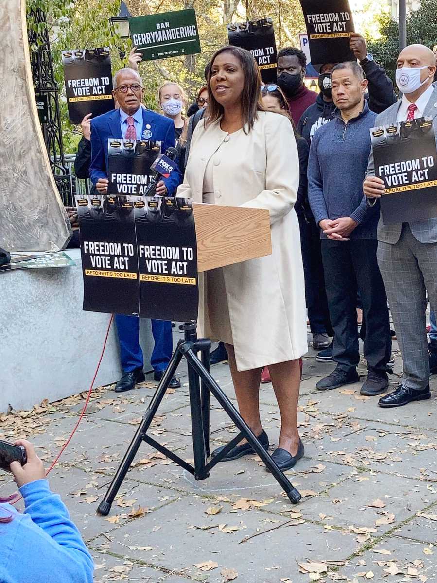 NY Attorney General Letitia James addresses rally.  FENY