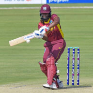 Hayley Matthews of West Indies plays a shot during the first One-Day International cricket match against Pakistan at the National Stadium in Karachi, Pakistan, Monday, Nov. 8, 2021.