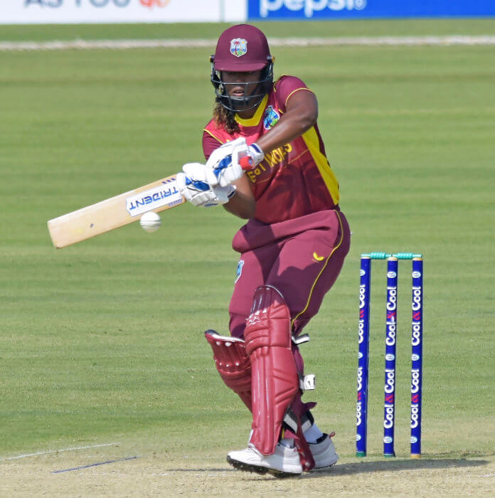 Hayley Matthews of West Indies plays a shot during the first One-Day International cricket match against Pakistan at the National Stadium in Karachi, Pakistan, Monday, Nov. 8, 2021.