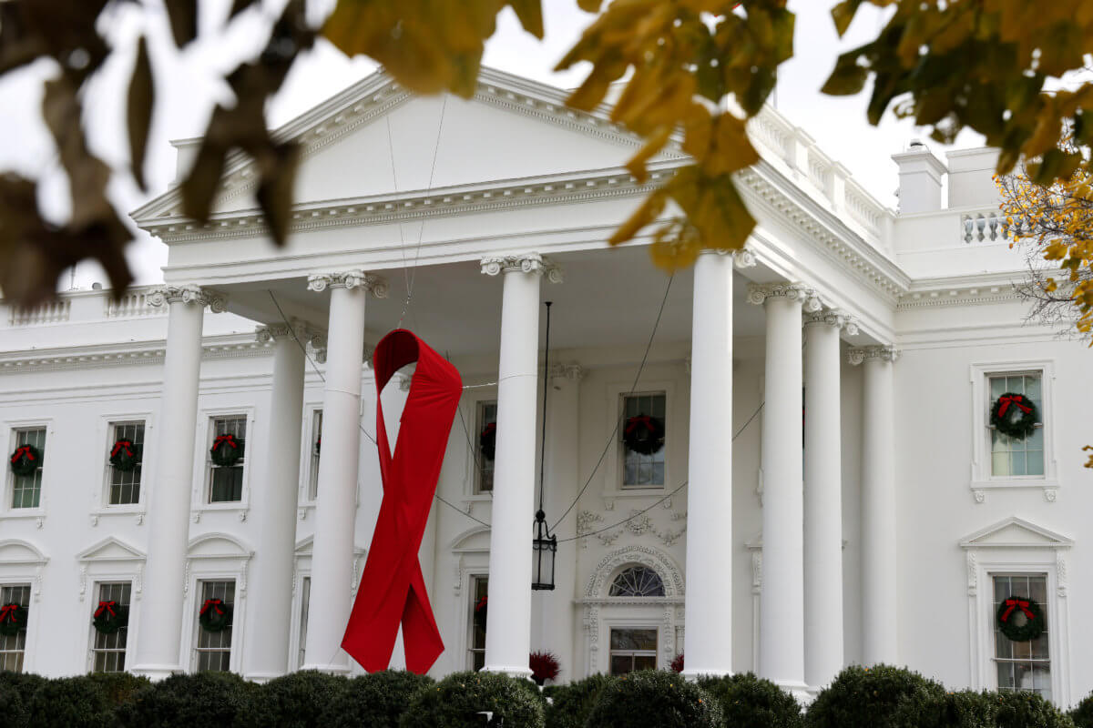 A red ribbon memorializes World AIDS Day on the White House in Washington
